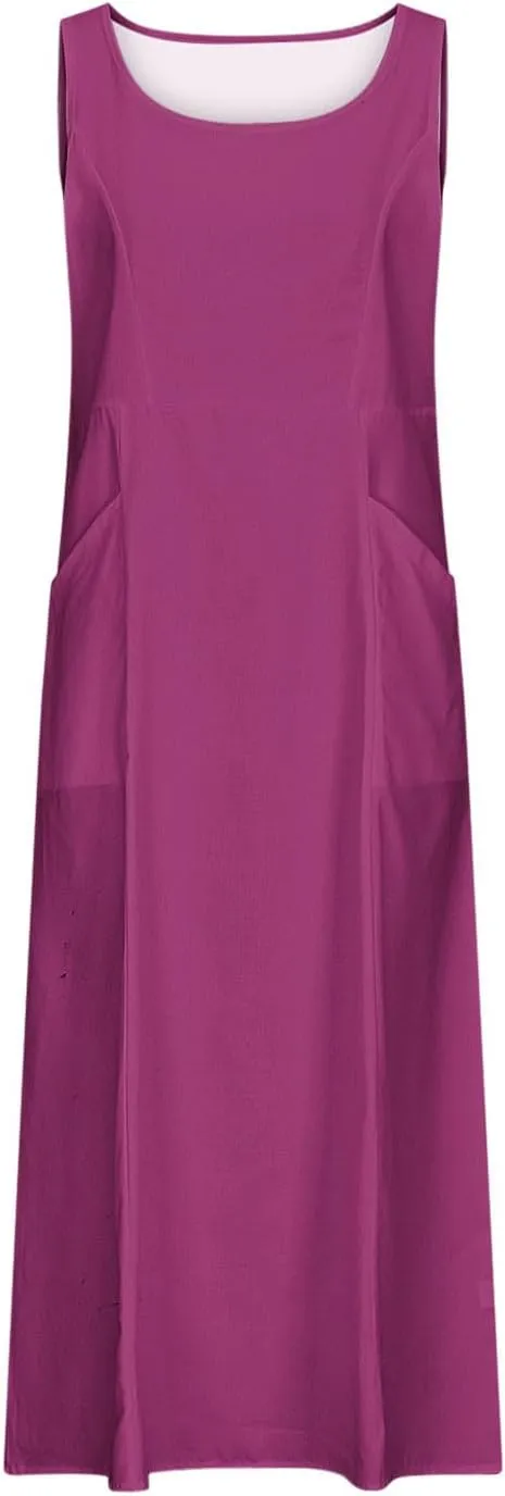 TANGNADE Women's Summer Cotton Linen Plus Size Long Dress Sleeveless Flowy Dresses Loose Comfy Dress with Pockets