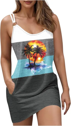 TARIENDY Women's Summer Dresses Casual Sleeveless Sundress Graphic Printed Mini Dress Beach Vacation Outfits with Pockets