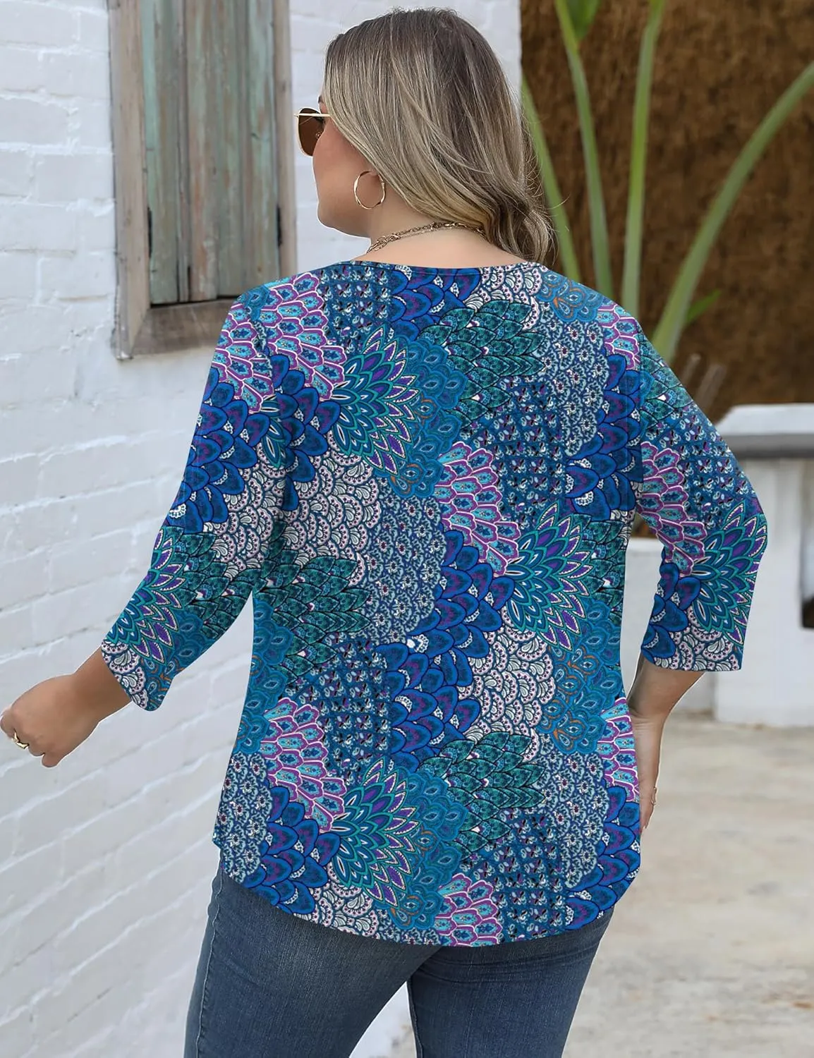 TFSDOD Womens Plus Size Tops 3/4 Length Sleeve Blouses Crew Neck Shirts Casual Loose Tunic Tops 1X-5X