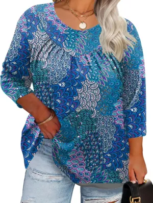 TFSDOD Womens Plus Size Tops 3/4 Length Sleeve Blouses Crew Neck Shirts Casual Loose Tunic Tops 1X-5X