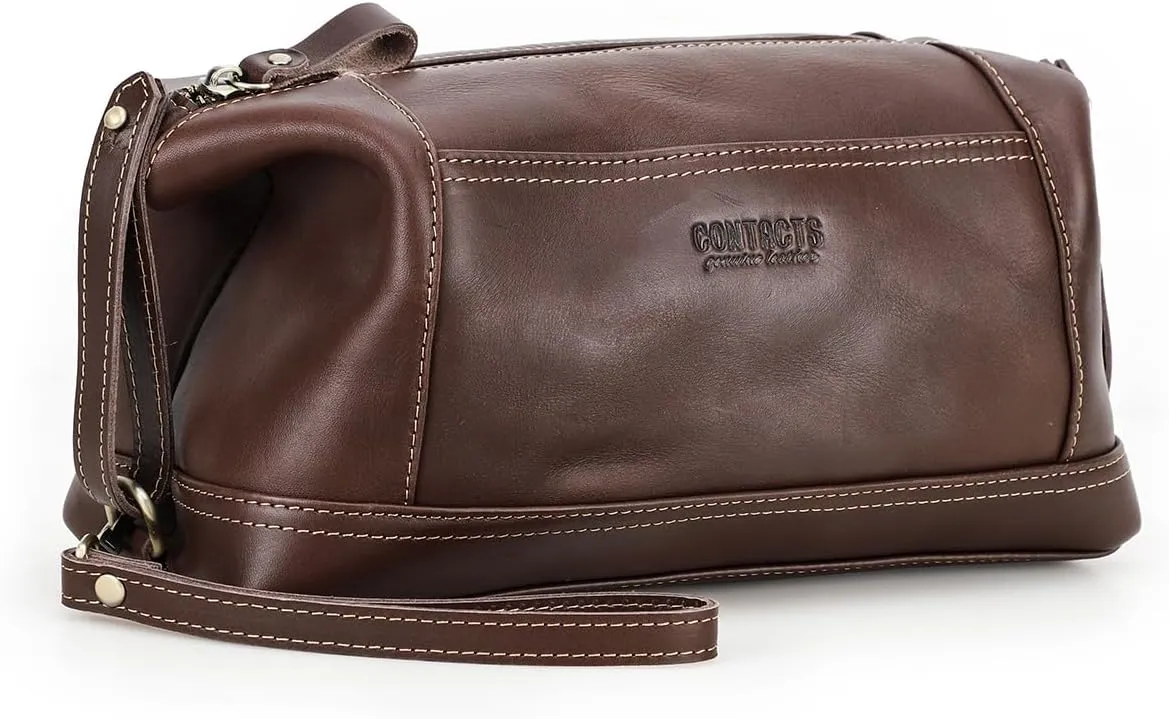 Toiletry Bag for Men Leather Travel Bathroom Shaving Dopp Kit Organizer Vintage Cosmetic Bag with Wrist Starp