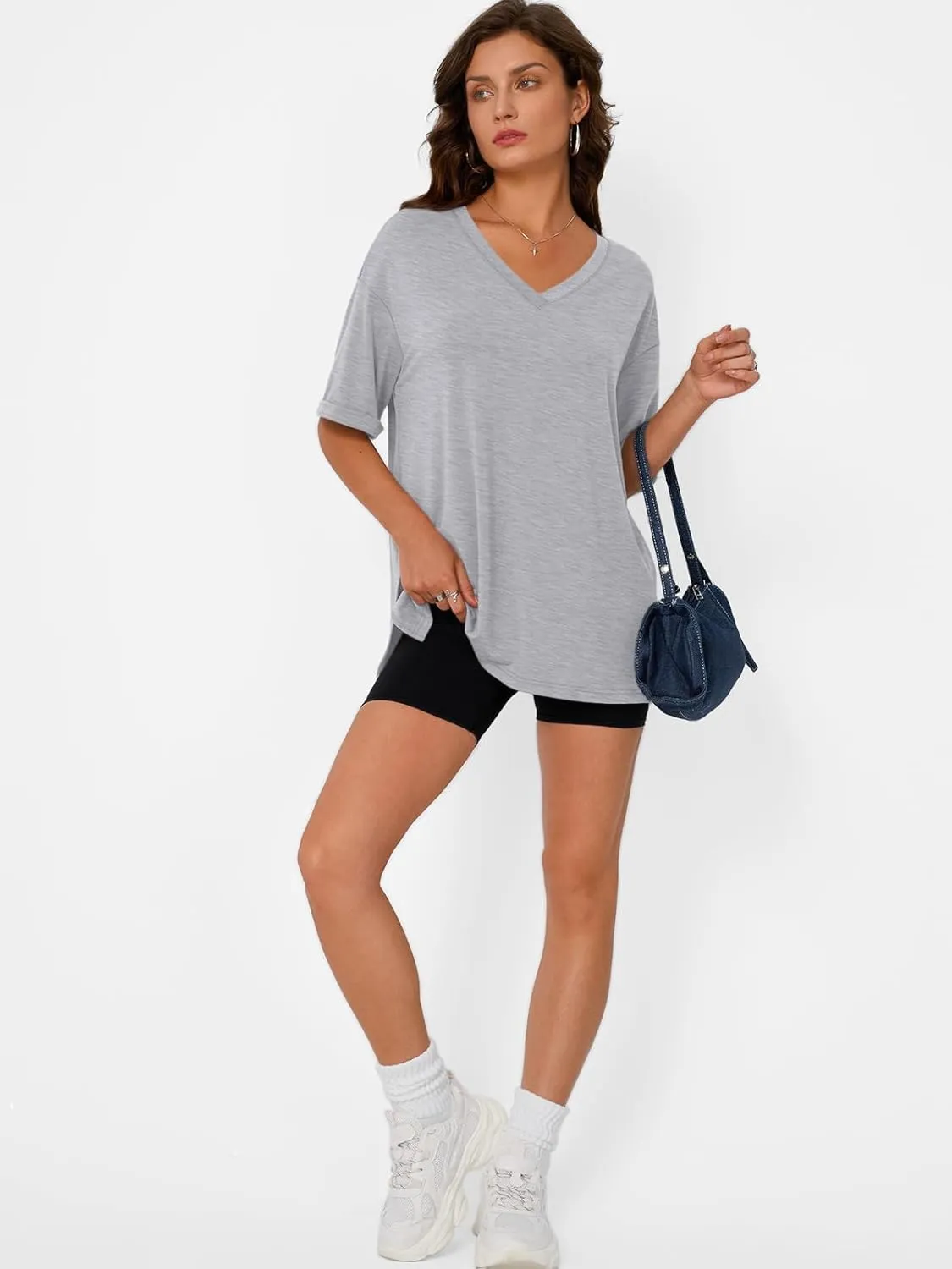 Trendy Queen Oversized Tshirts for Women Workout Plus Size Tops V Neck Short Sleeve Gym Shirts Casual Loose Fit Basic Tees
