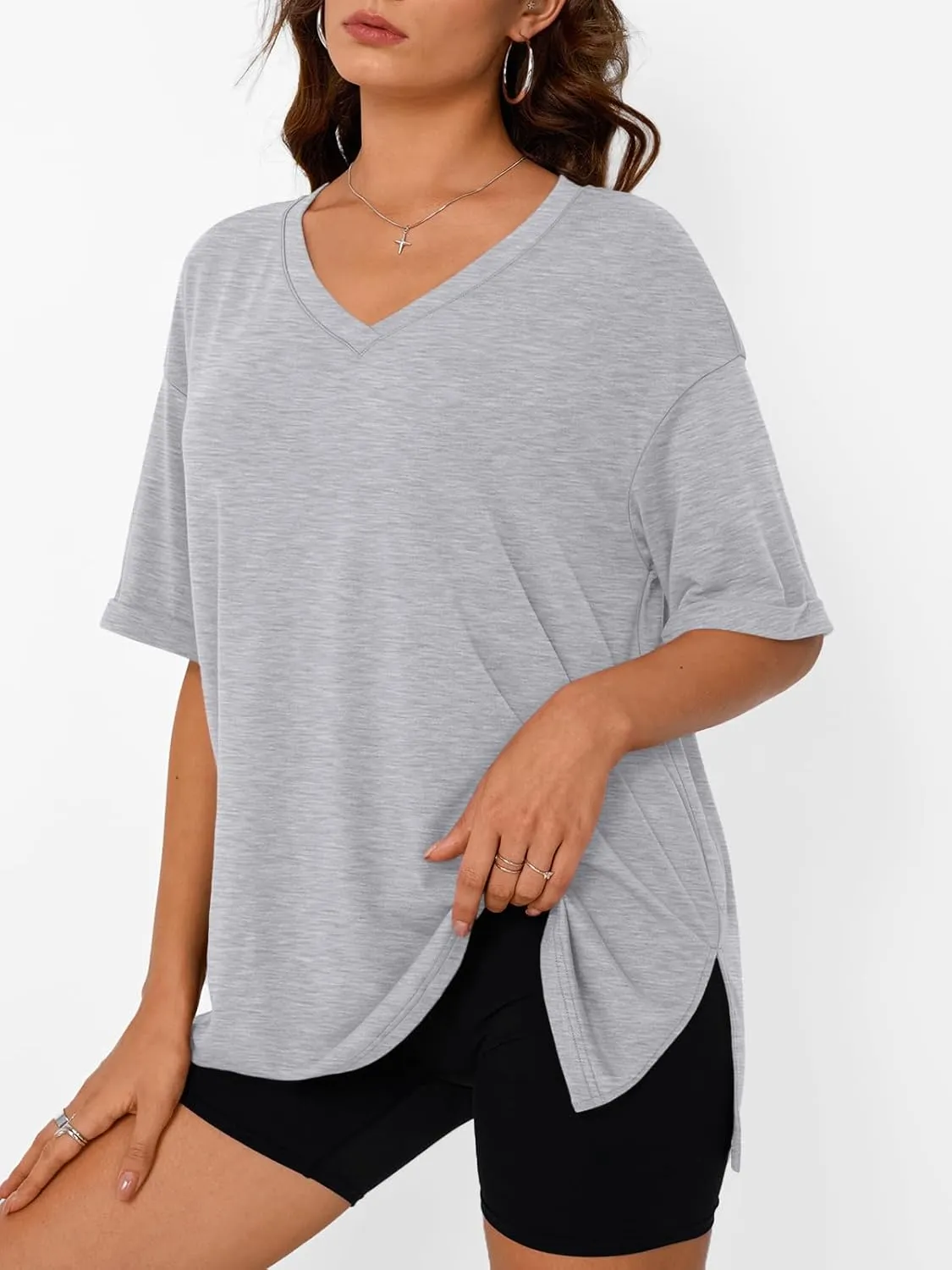 Trendy Queen Oversized Tshirts for Women Workout Plus Size Tops V Neck Short Sleeve Gym Shirts Casual Loose Fit Basic Tees
