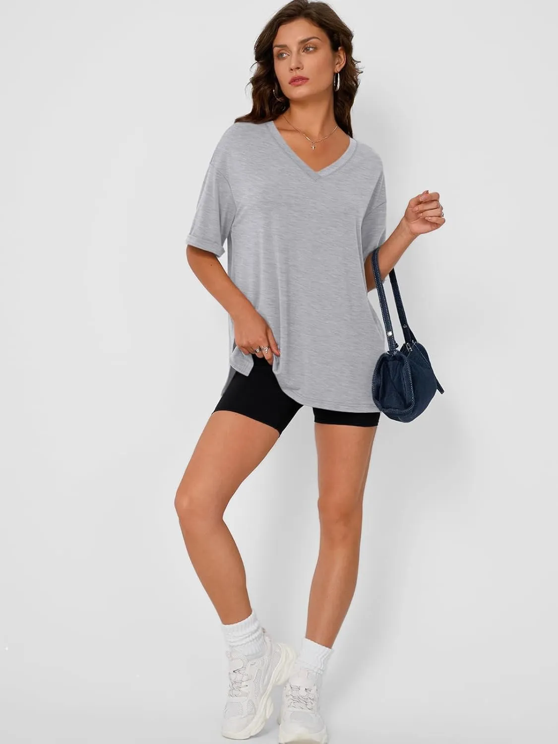 Trendy Queen Oversized Tshirts for Women Workout Plus Size Tops V Neck Short Sleeve Gym Shirts Casual Loose Fit Basic Tees