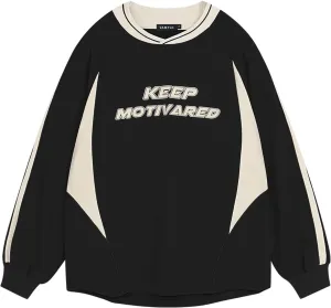 Vamtac Patchwork Crewneck Sweatshirt Oversized Vintage Letter Long Sleeve T-Shirt Graphic Top for Men Streetwear