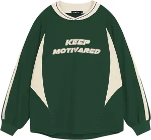 Vamtac Patchwork Crewneck Sweatshirt Oversized Vintage Letter Long Sleeve T-Shirt Graphic Top for Men Streetwear