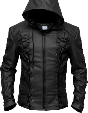 VearFit Stephen Amell Green Arrow Roy Harper Mens Black Faux Leather Jacket SuperHero