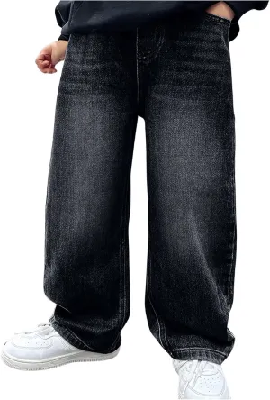 Verdusa Boy's Casual Straight Leg Baggy Jeans Elastic Waist Loose Denim Pants with Pockets