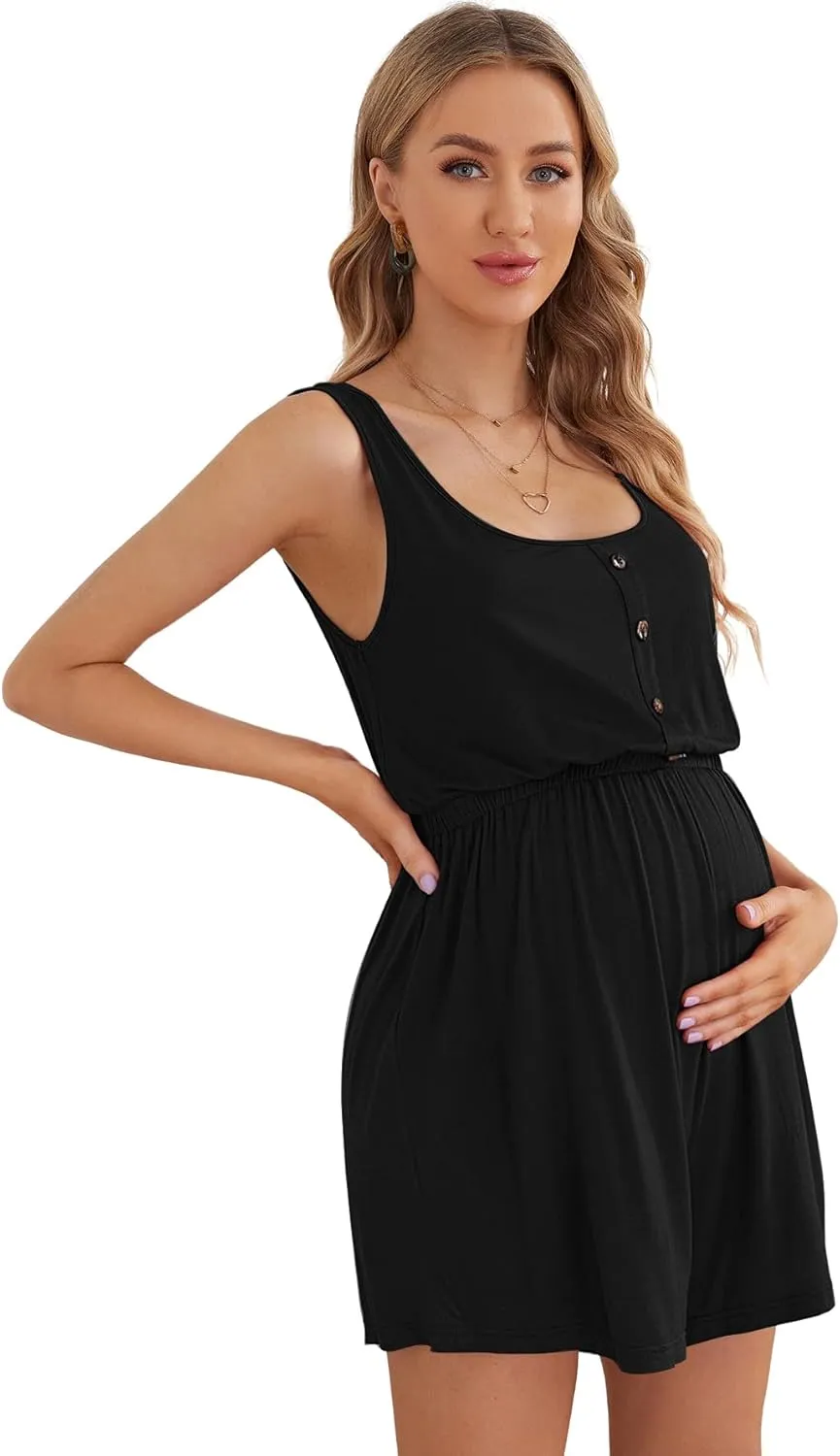 Verdusa Women's Maternity Scoop Neck Button Front High Waist Tank Romper