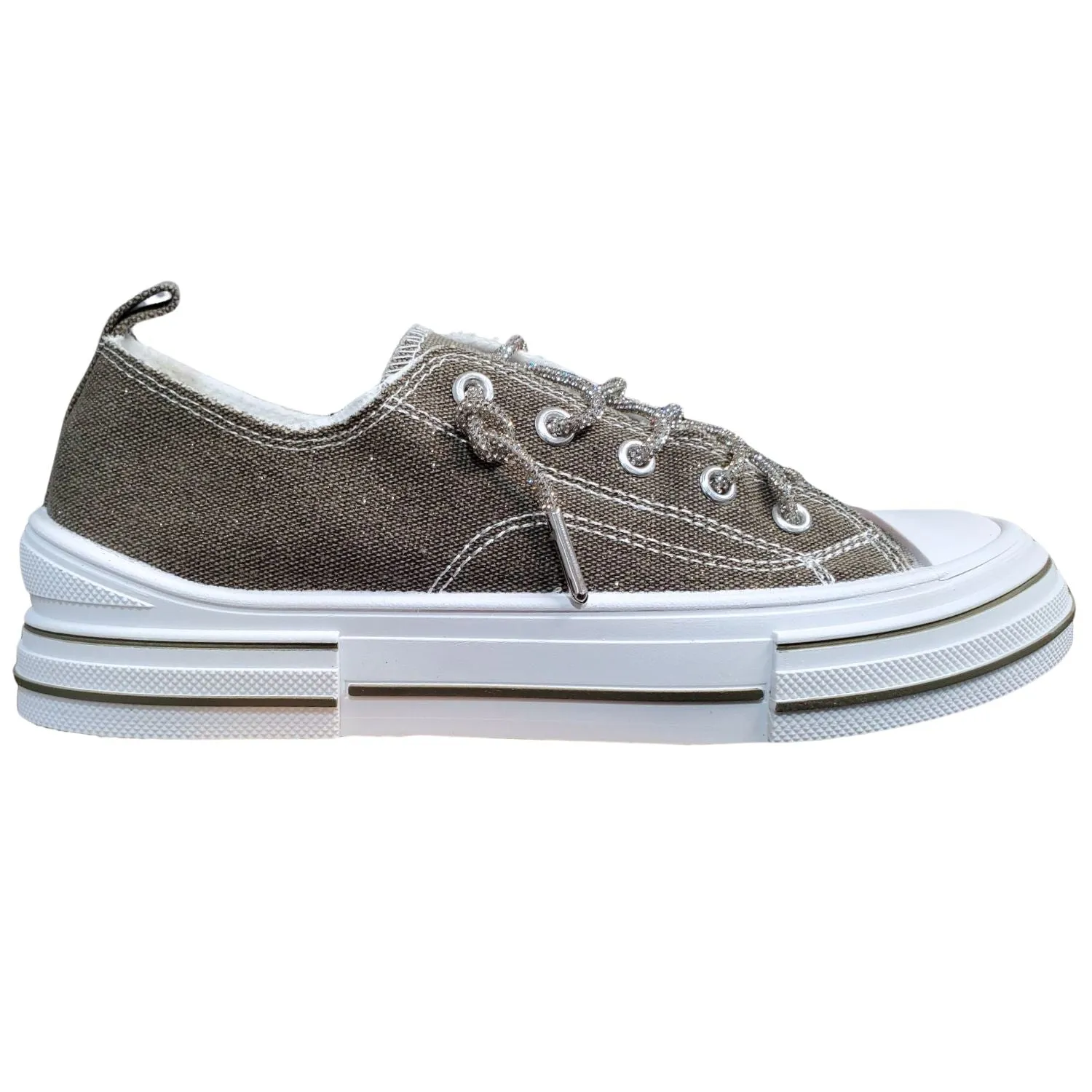 Very G Womens Aman Sparkle Lace Up Canvas Sneaker, Khaki