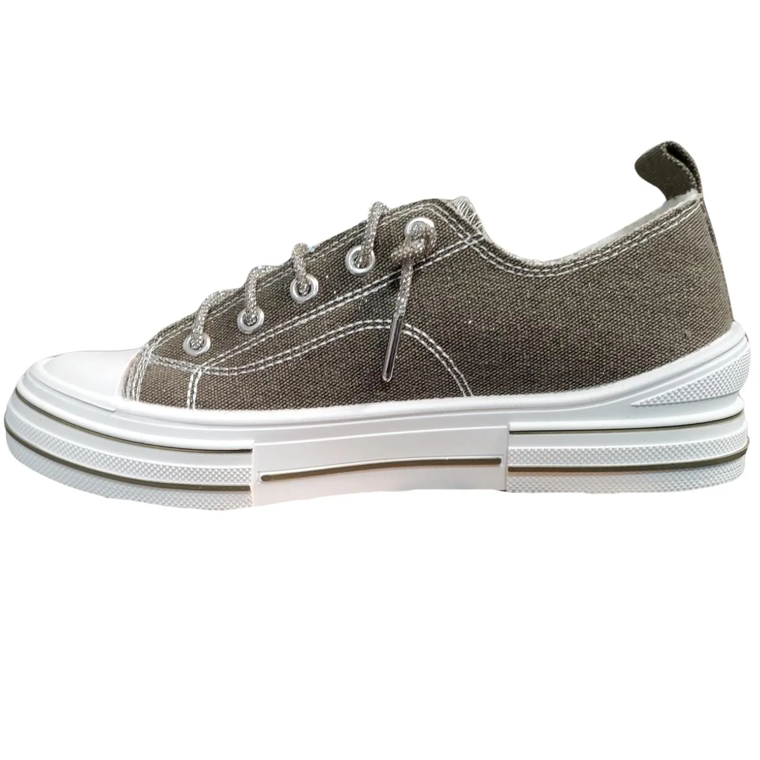 Very G Womens Aman Sparkle Lace Up Canvas Sneaker, Khaki