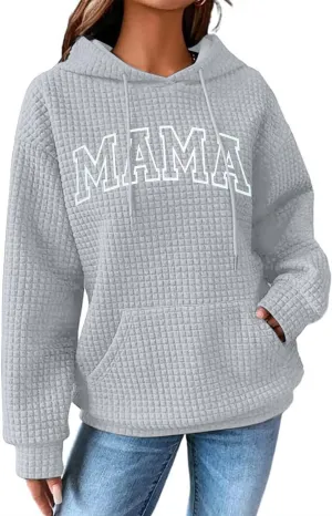 VILOVE Mama Sweatshirt Women Funny Mama Letter Print Waffle Knitted Hoodies Casual Long Sleeve Pullover Hooded Tops