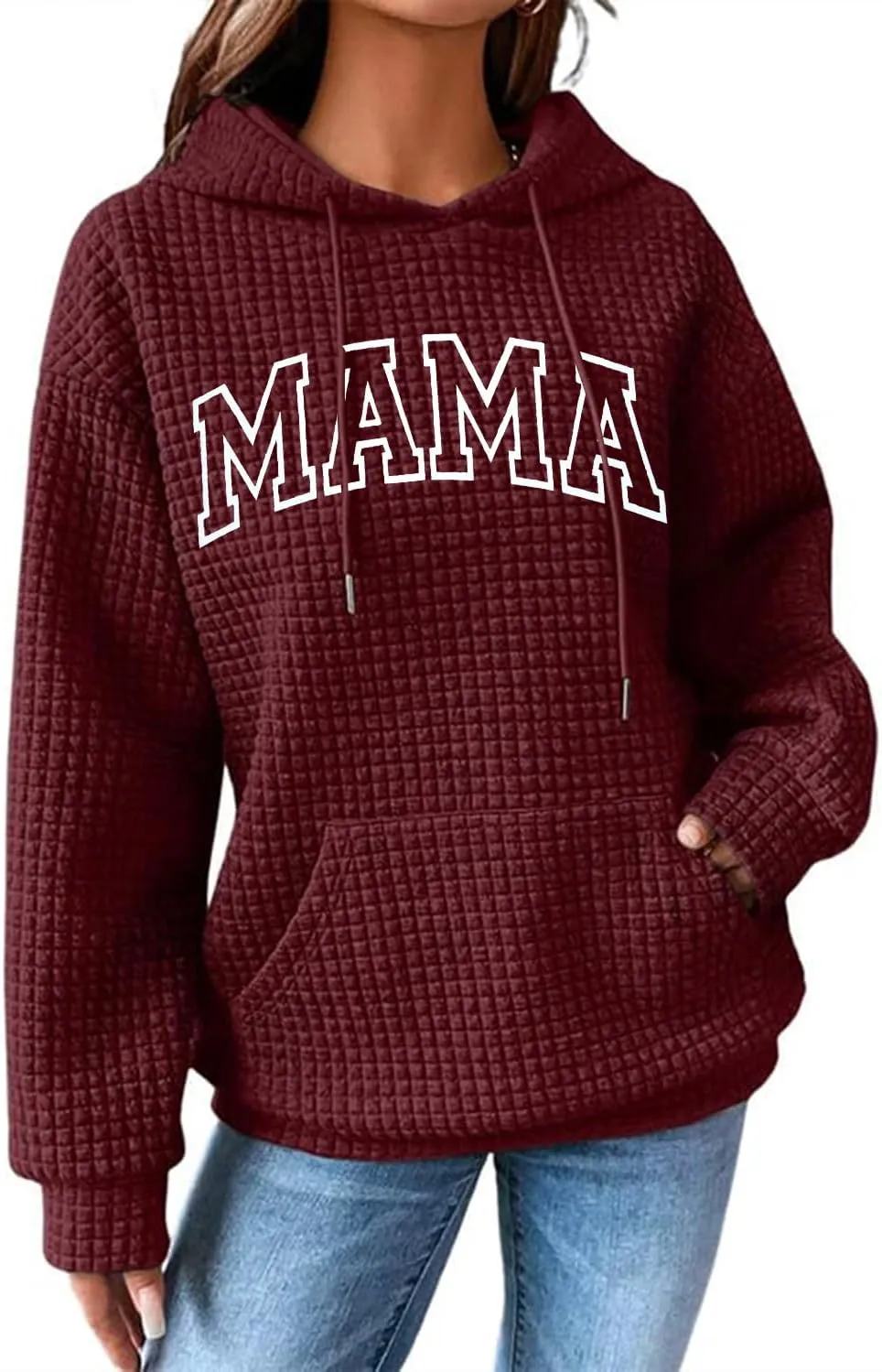 VILOVE Mama Sweatshirt Women Funny Mama Letter Print Waffle Knitted Hoodies Casual Long Sleeve Pullover Hooded Tops