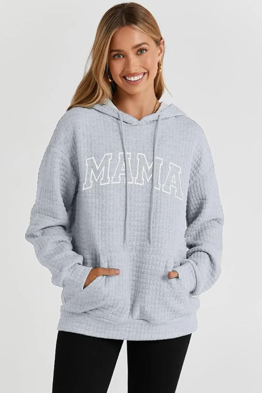 VILOVE Mama Sweatshirt Women Funny Mama Letter Print Waffle Knitted Hoodies Casual Long Sleeve Pullover Hooded Tops