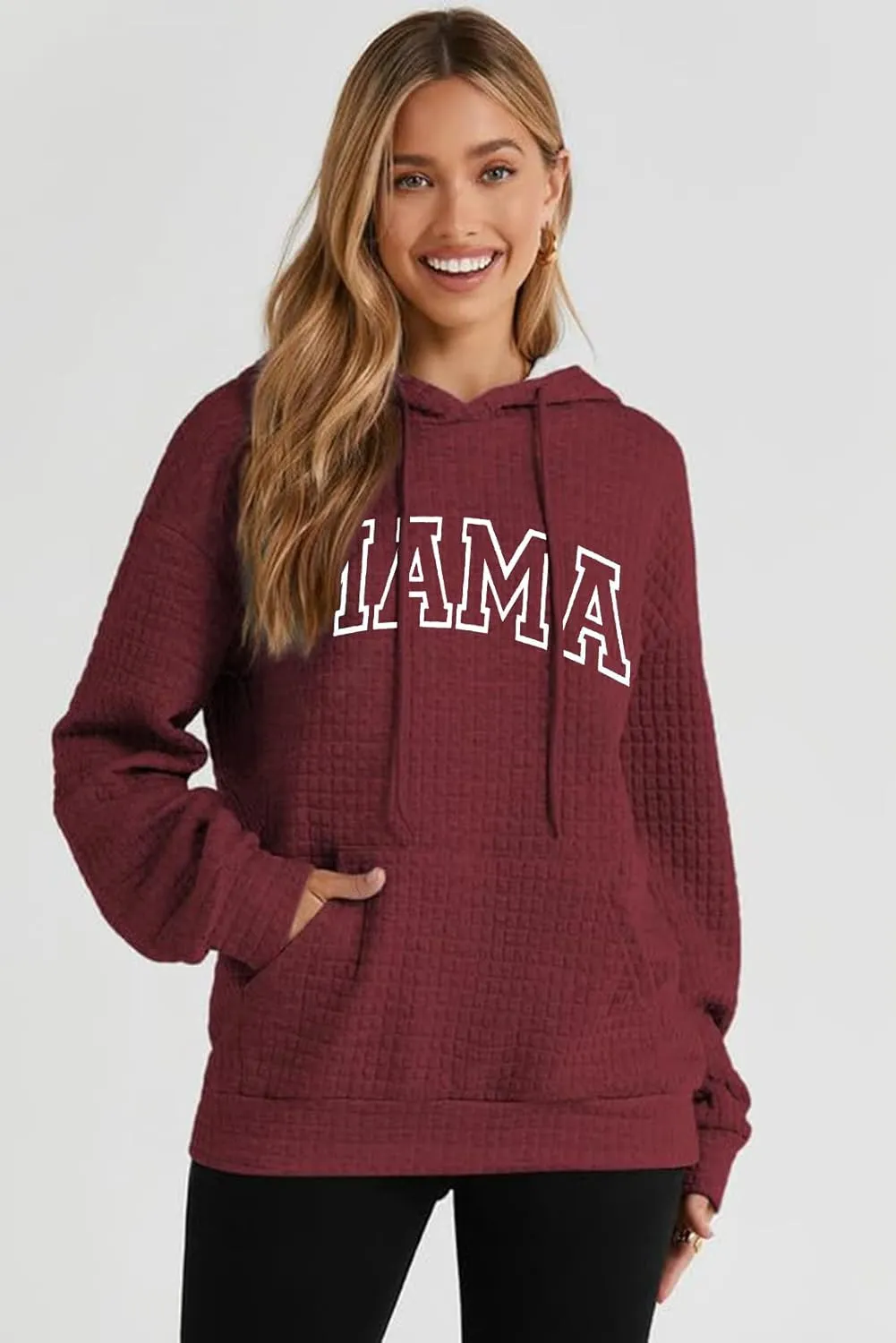 VILOVE Mama Sweatshirt Women Funny Mama Letter Print Waffle Knitted Hoodies Casual Long Sleeve Pullover Hooded Tops