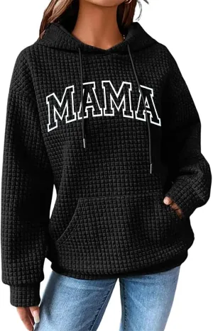 VILOVE Mama Sweatshirt Women Funny Mama Letter Print Waffle Knitted Hoodies Casual Long Sleeve Pullover Hooded Tops