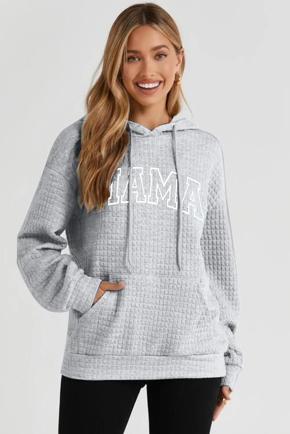 VILOVE Mama Sweatshirt Women Funny Mama Letter Print Waffle Knitted Hoodies Casual Long Sleeve Pullover Hooded Tops