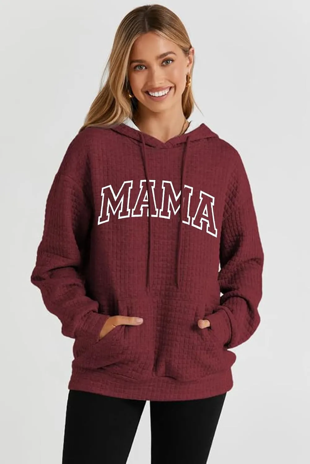 VILOVE Mama Sweatshirt Women Funny Mama Letter Print Waffle Knitted Hoodies Casual Long Sleeve Pullover Hooded Tops