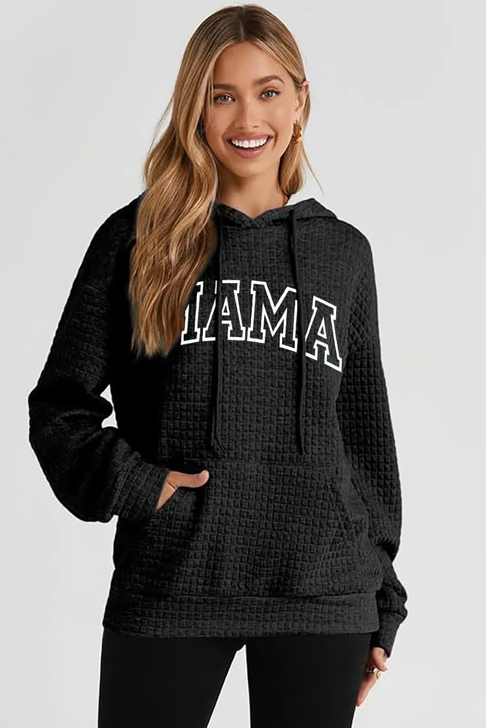 VILOVE Mama Sweatshirt Women Funny Mama Letter Print Waffle Knitted Hoodies Casual Long Sleeve Pullover Hooded Tops