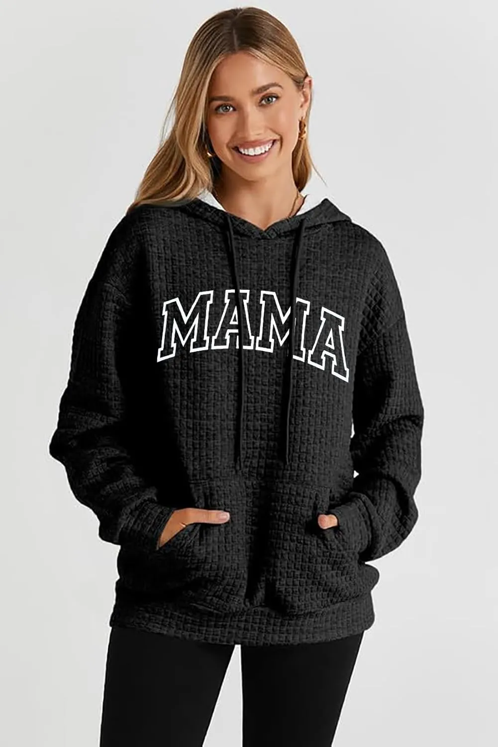 VILOVE Mama Sweatshirt Women Funny Mama Letter Print Waffle Knitted Hoodies Casual Long Sleeve Pullover Hooded Tops