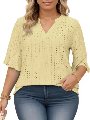 VISLILY Plus-Size-Tops-for-Women Dressy V Neck 3/4 Length Ruffle Sleeve T Shirts Trendy Eyelet Blouses Casual Loose Fit Tunic