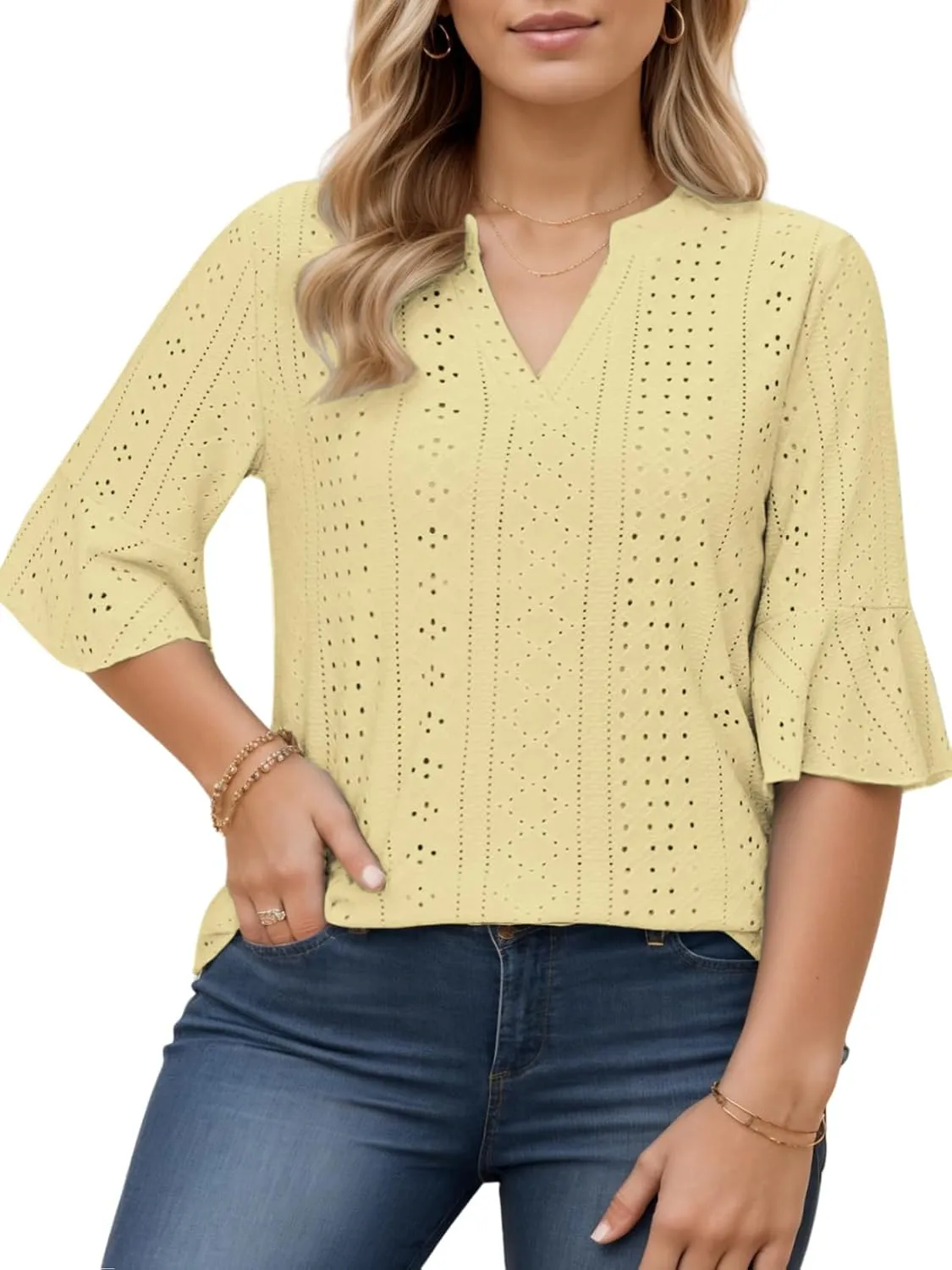 VISLILY Plus-Size-Tops-for-Women Dressy V Neck 3/4 Length Ruffle Sleeve T Shirts Trendy Eyelet Blouses Casual Loose Fit Tunic