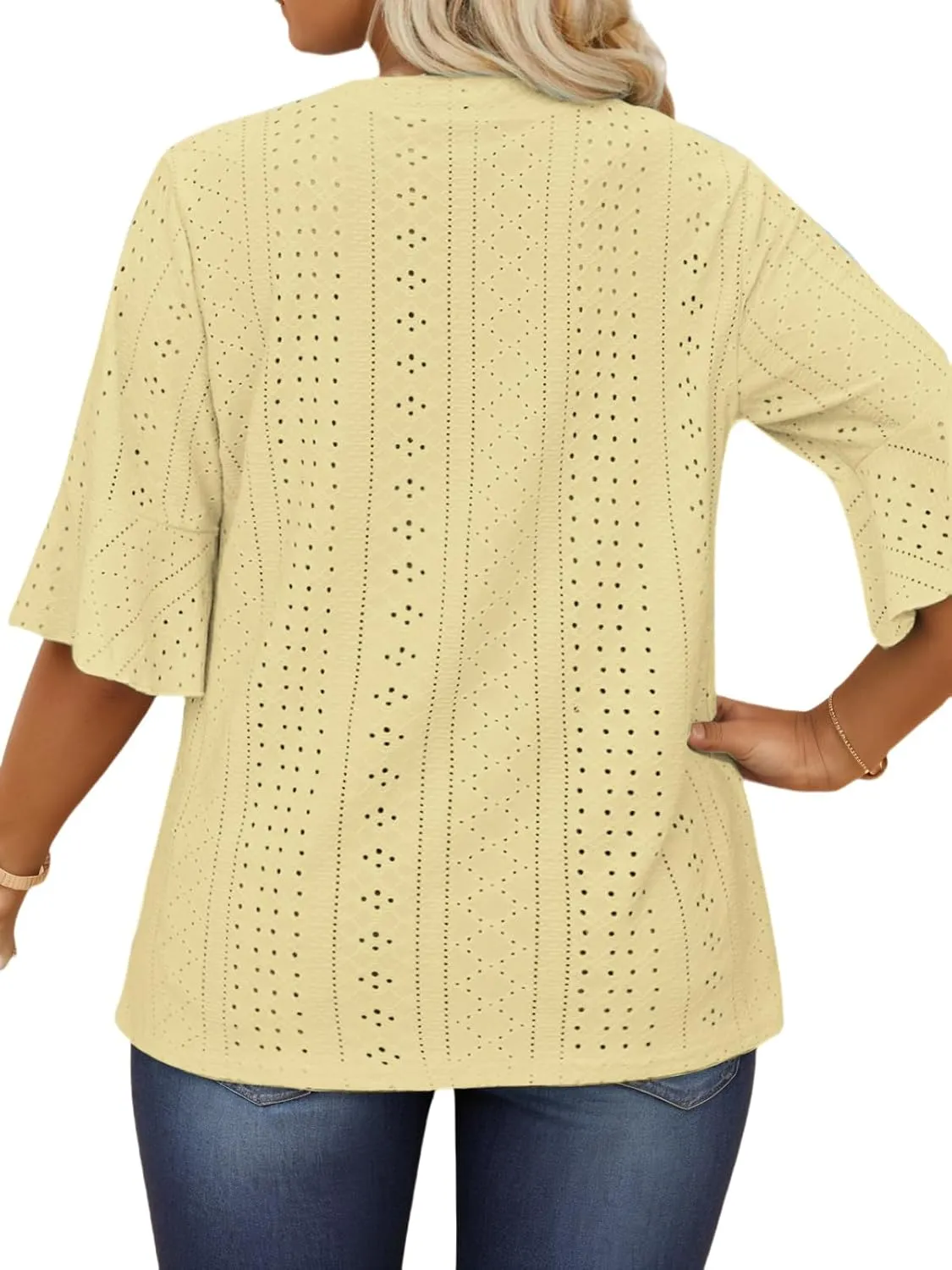 VISLILY Plus-Size-Tops-for-Women Dressy V Neck 3/4 Length Ruffle Sleeve T Shirts Trendy Eyelet Blouses Casual Loose Fit Tunic