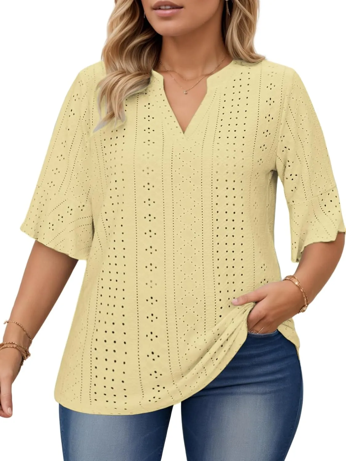 VISLILY Plus-Size-Tops-for-Women Dressy V Neck 3/4 Length Ruffle Sleeve T Shirts Trendy Eyelet Blouses Casual Loose Fit Tunic