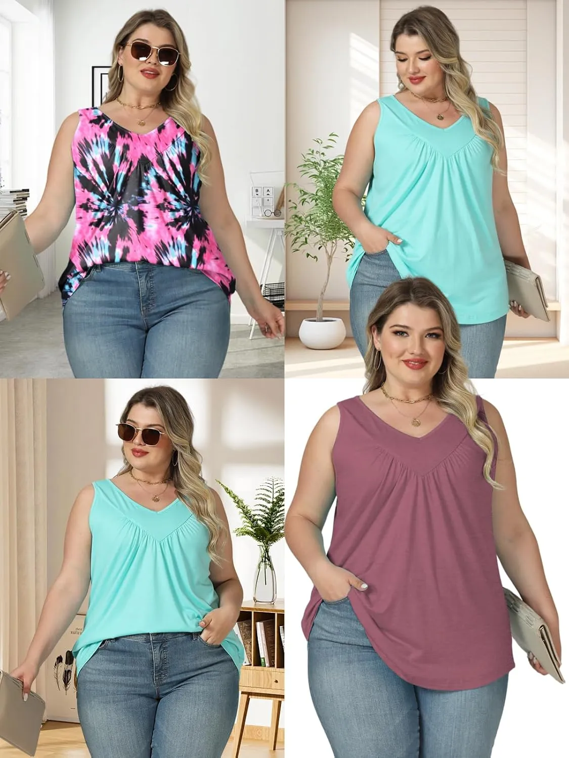 VISLILY Womens-Plus-Size-Tank-Tops 2025 Casual V Neck Sleeveless T Shirts Flowy Pleated Tunics Trendy Cute Blouses XL-5XL
