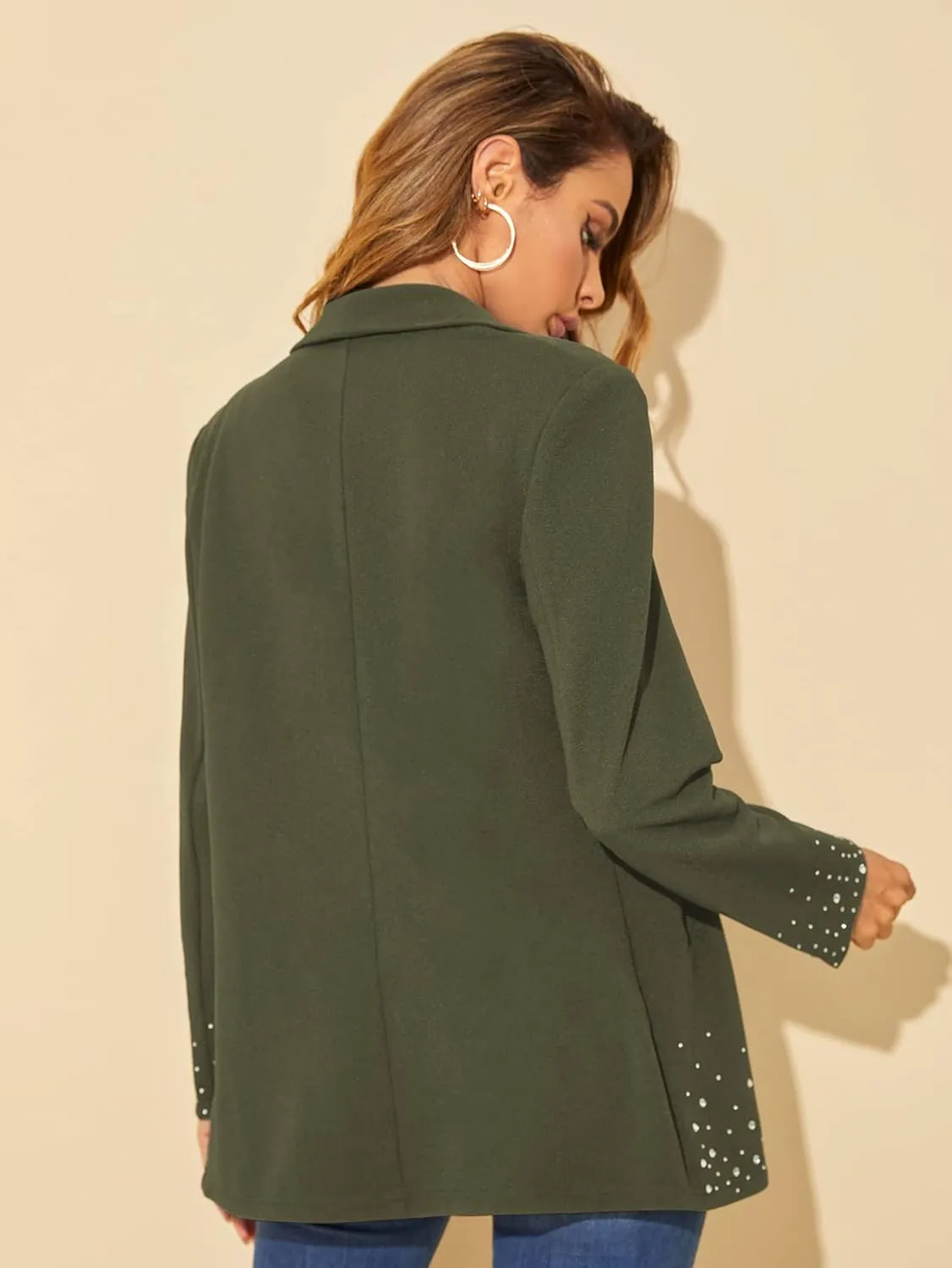 WDIRARA Women's Elegant Long Sleeve Blazer Open Front Rhinestone Suit Jackets