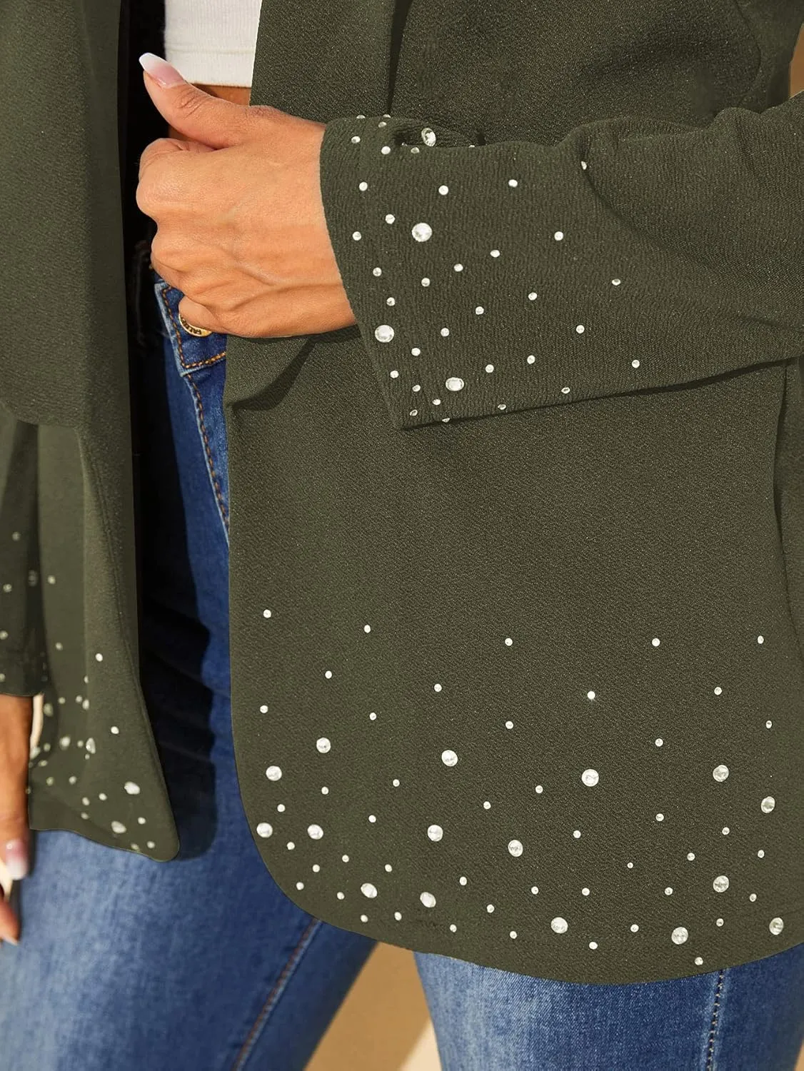 WDIRARA Women's Elegant Long Sleeve Blazer Open Front Rhinestone Suit Jackets