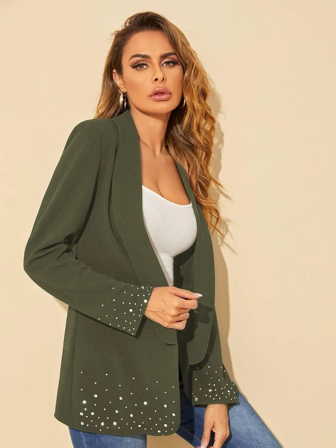 WDIRARA Women's Elegant Long Sleeve Blazer Open Front Rhinestone Suit Jackets