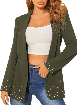 WDIRARA Women's Elegant Long Sleeve Blazer Open Front Rhinestone Suit Jackets