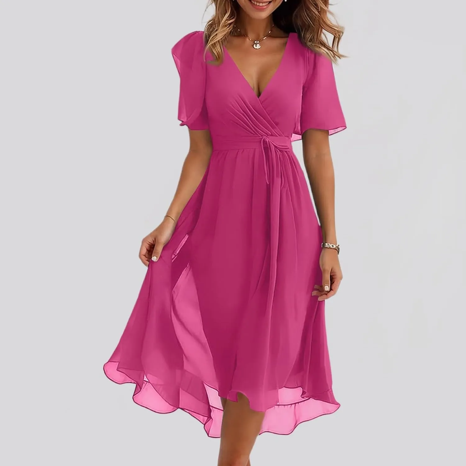 Wedding Guest Dress,Prom Cocktail Summer Sexy Dresses for Women Wrap Flowy Chiffon Womens Midi Dress