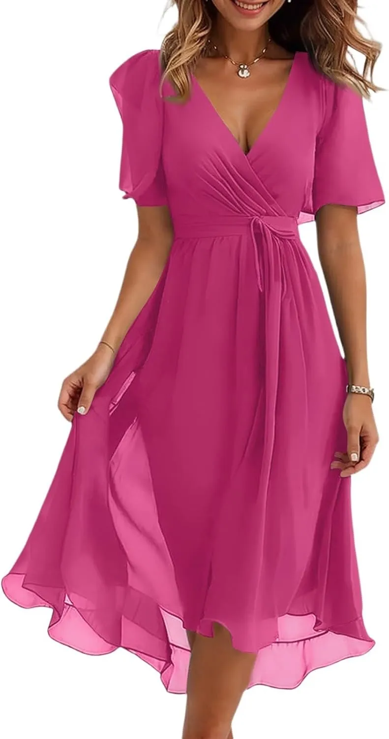 Wedding Guest Dress,Prom Cocktail Summer Sexy Dresses for Women Wrap Flowy Chiffon Womens Midi Dress