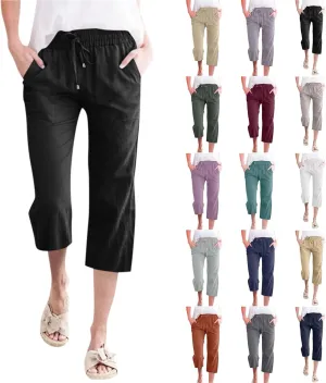 Wide Leg Cropped Pants For Women Pull On Comfy Straight Leg Linen Capris Summer Light Weight Lounge Trousers 2024