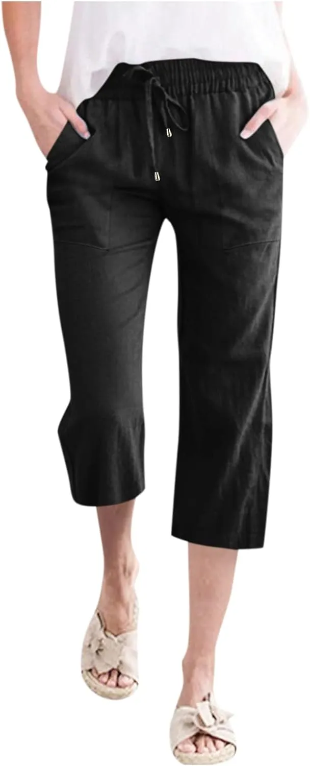 Wide Leg Cropped Pants For Women Pull On Comfy Straight Leg Linen Capris Summer Light Weight Lounge Trousers 2024