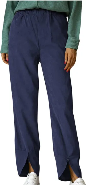 Wide Leg Pants Business Casual Straight Office Trousers for Women Solid Color Elastic Waist Curved Slit Lounge Pants