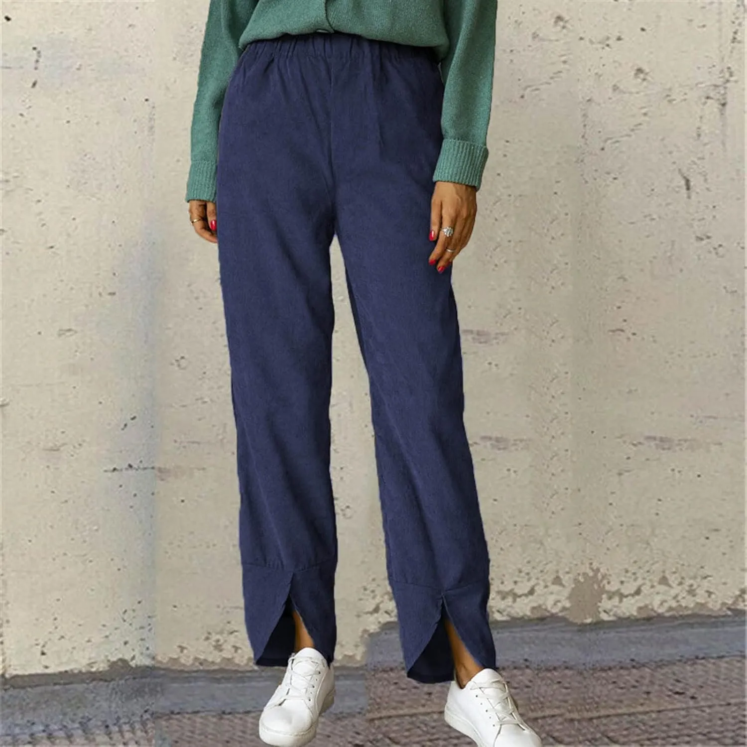 Wide Leg Pants Business Casual Straight Office Trousers for Women Solid Color Elastic Waist Curved Slit Lounge Pants