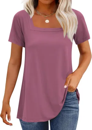 WNEEDU Women's Summer Tunic Tops Casual Short Sleeve Square Neck T-Shirt Loose Fit for Leggings