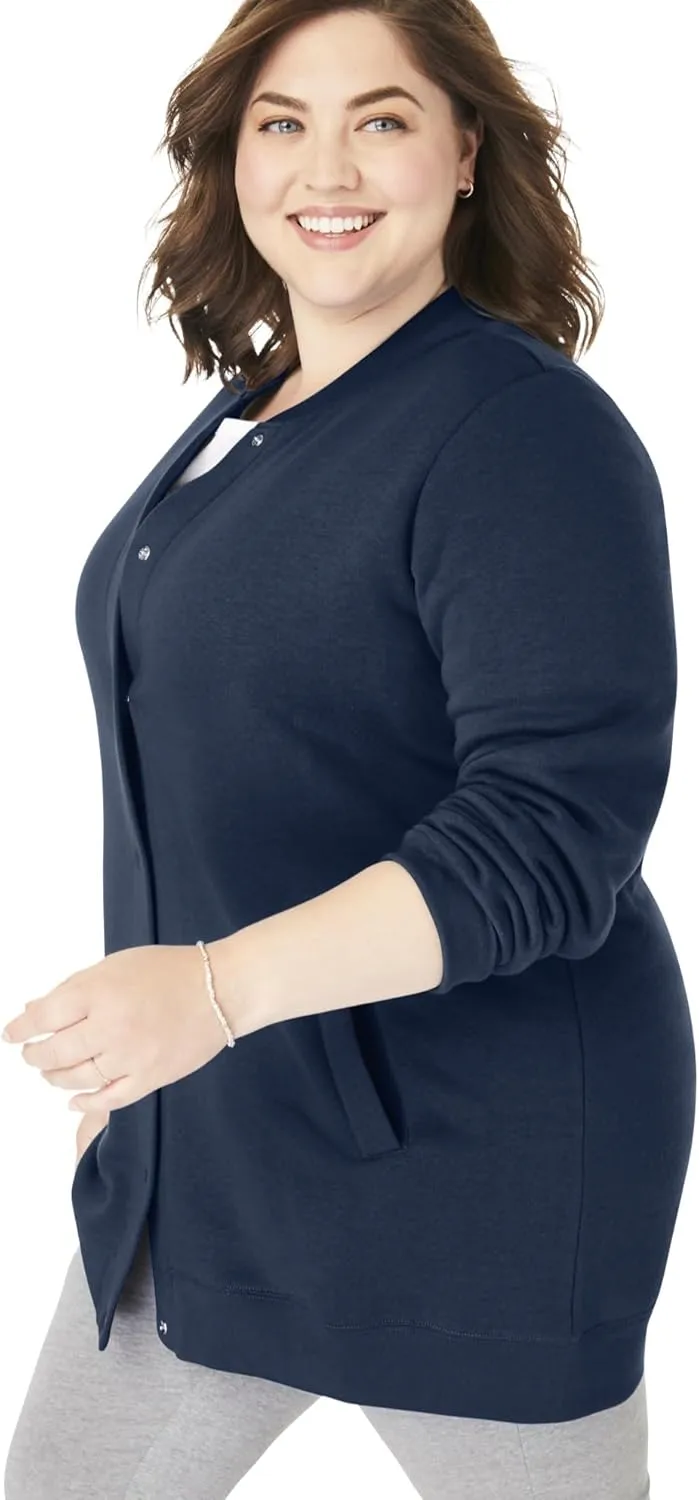 Woman Within Plus Size Fleece Baseball Jacket Long Oversized Fleece Coat