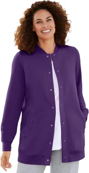 Woman Within Plus Size Fleece Baseball Jacket Long Oversized Fleece Coat