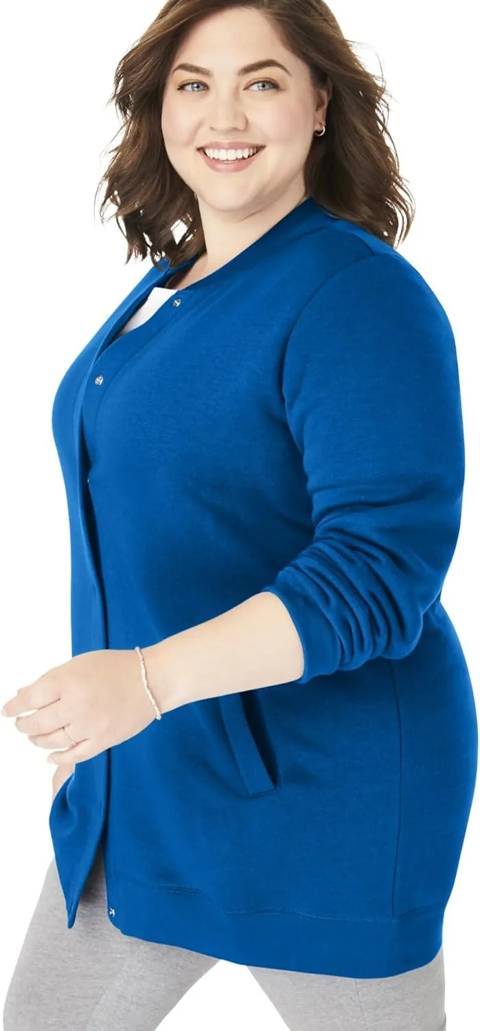 Woman Within Plus Size Fleece Baseball Jacket Long Oversized Fleece Coat