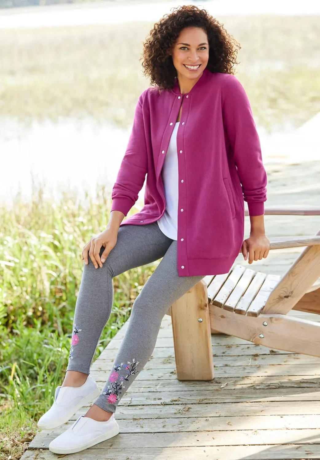 Woman Within Plus Size Fleece Baseball Jacket Long Oversized Fleece Coat