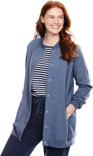 Woman Within Plus Size Fleece Baseball Jacket Long Oversized Fleece Coat