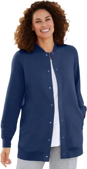 Woman Within Plus Size Fleece Baseball Jacket Long Oversized Fleece Coat