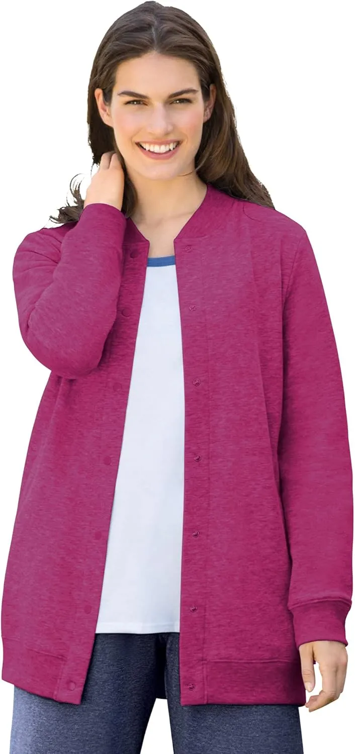 Woman Within Plus Size Fleece Baseball Jacket Long Oversized Fleece Coat