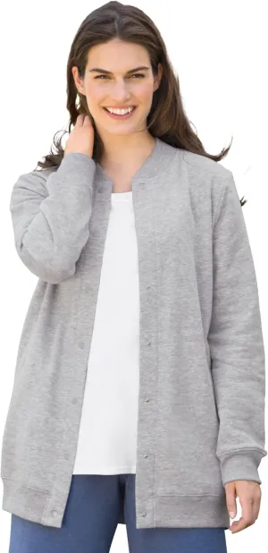 Woman Within Plus Size Fleece Baseball Jacket Long Oversized Fleece Coat