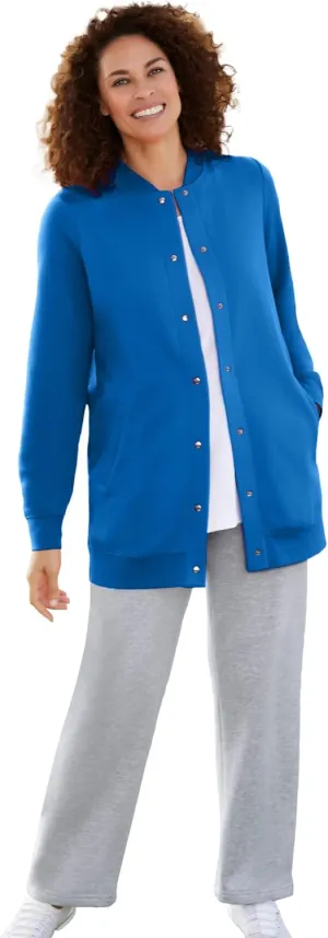 Woman Within Plus Size Fleece Baseball Jacket Long Oversized Fleece Coat