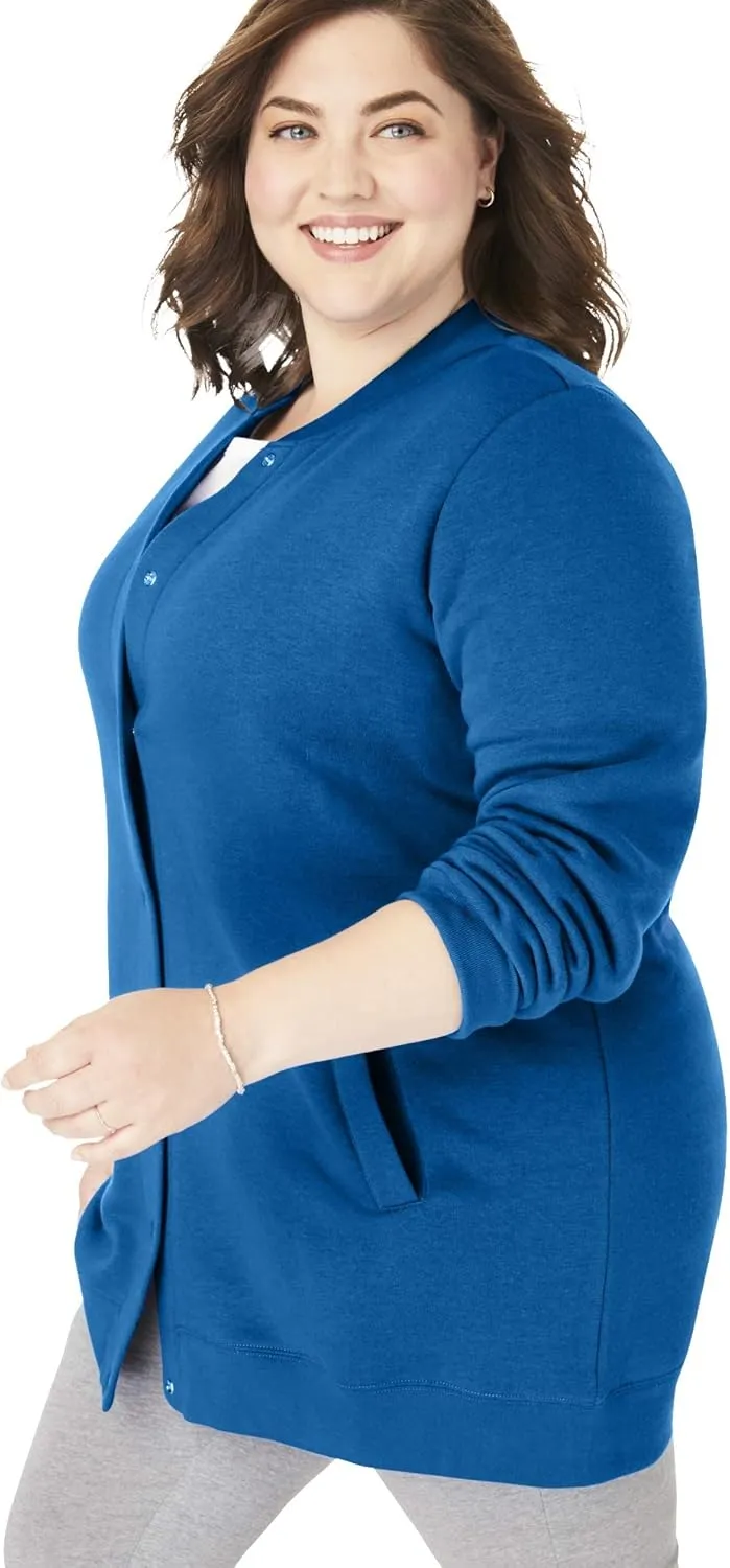 Woman Within Plus Size Fleece Baseball Jacket Long Oversized Fleece Coat